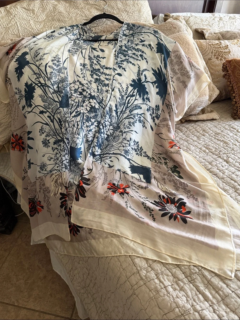 Sheer Kimono Cover-Up in Cream, Navy & Orange exquisite washable lightweight - Picture 12 of 17